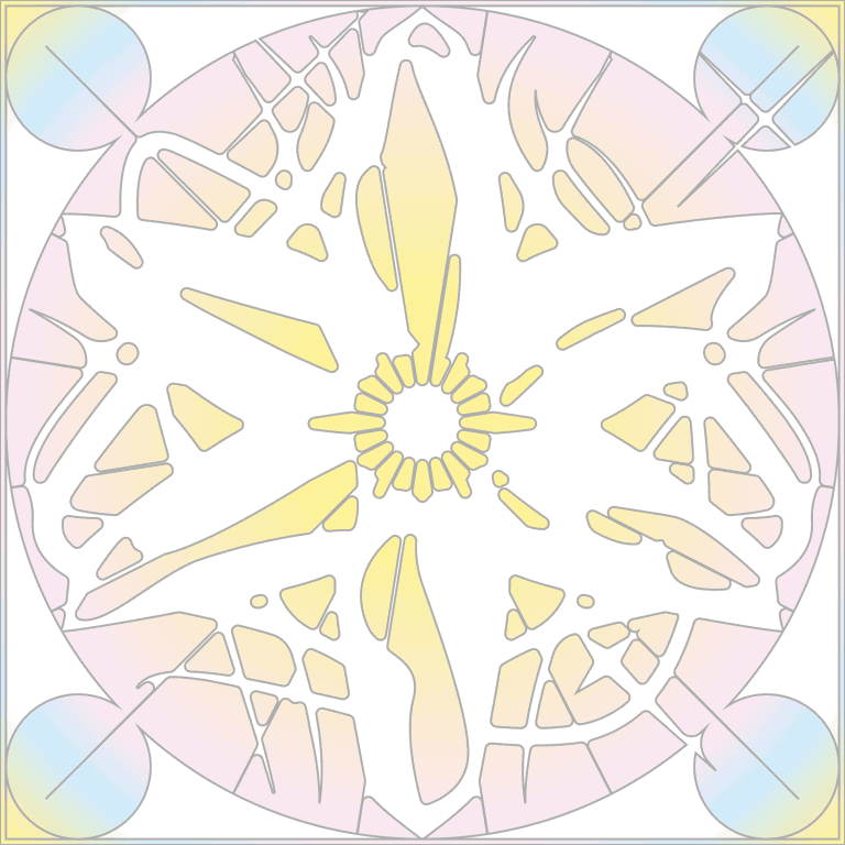 a colorful abstract design with a sun in the center.