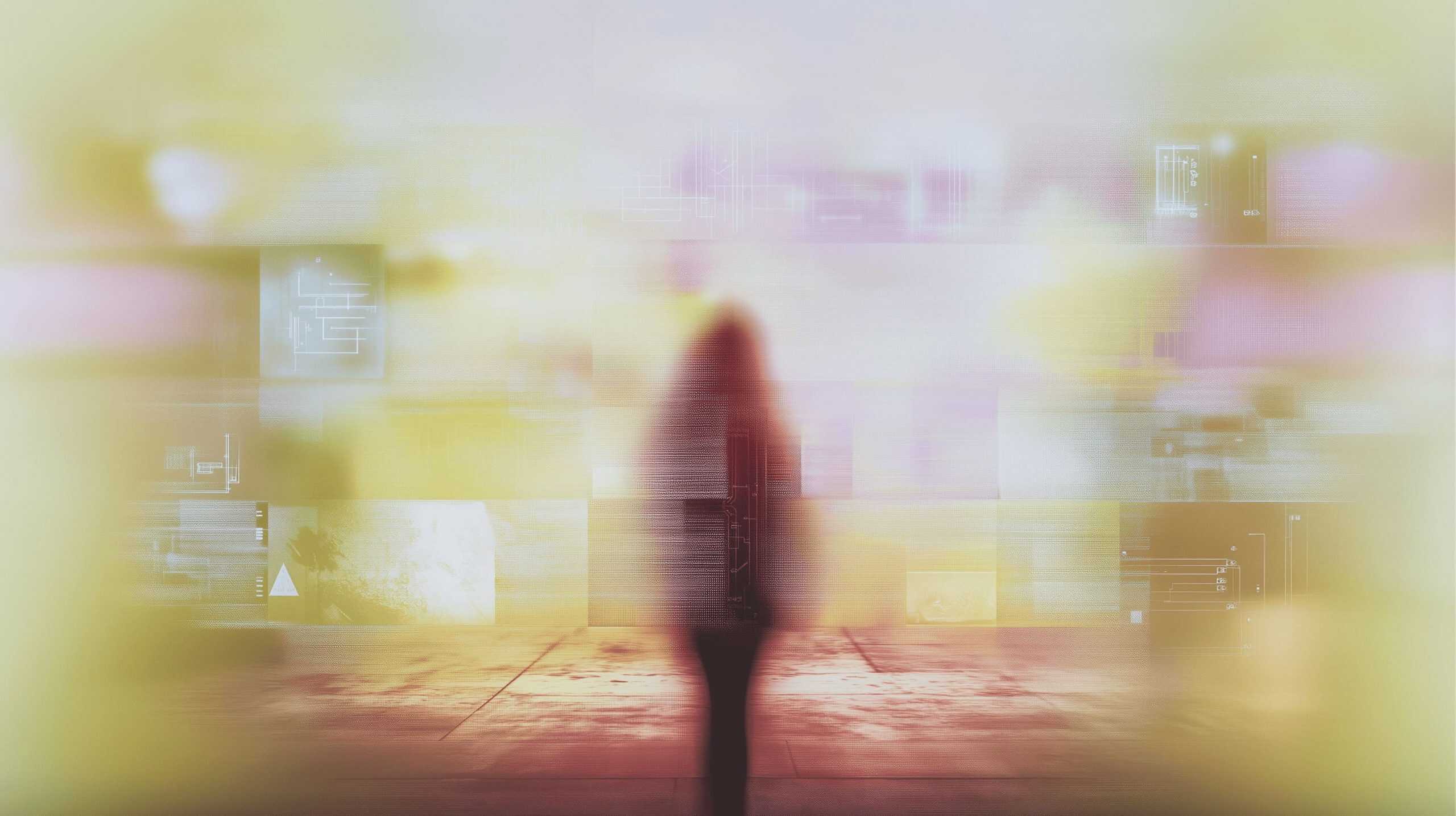 a blurry image of a person walking on a sidewalk.