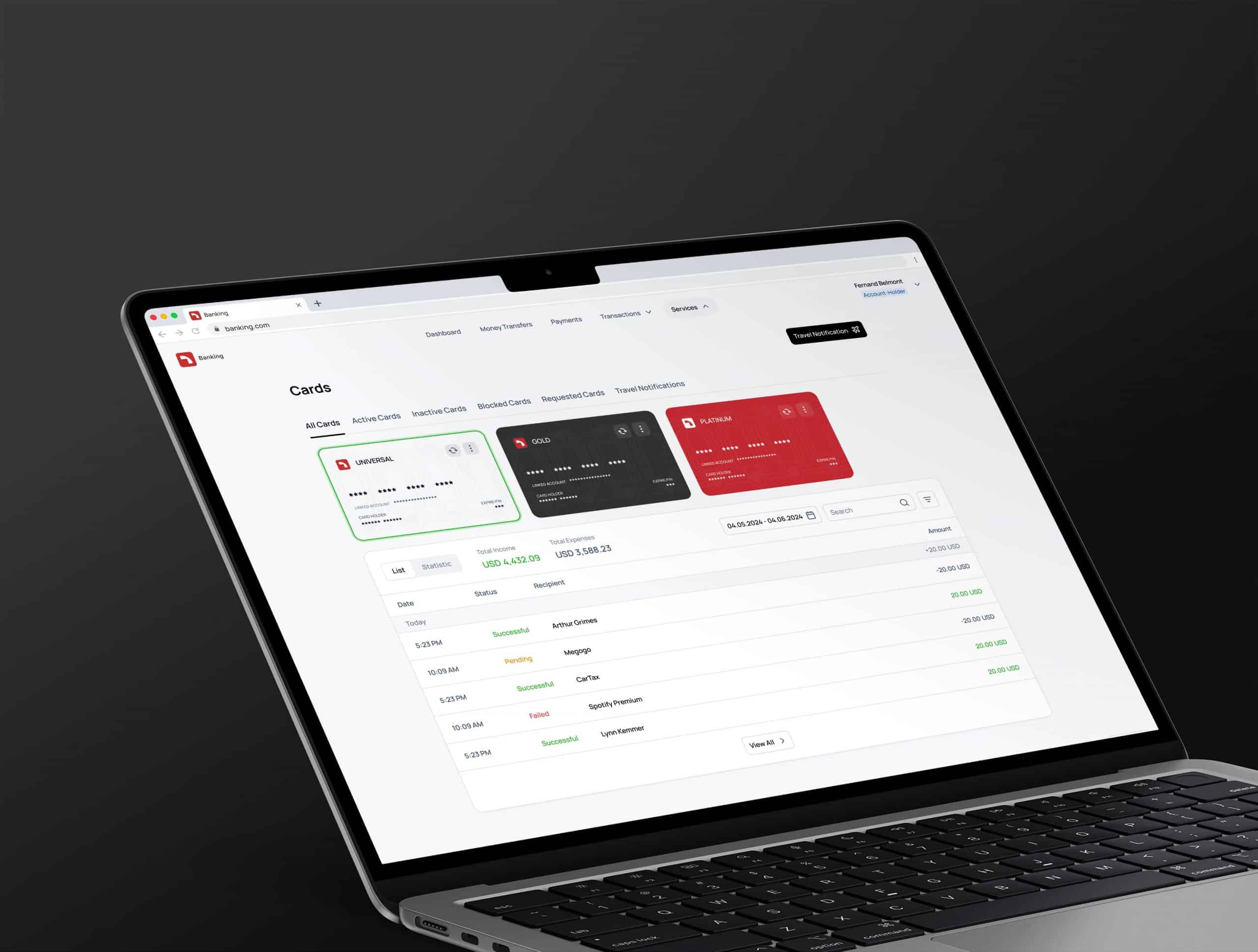 modern banking dashboard displaying multiple credit cards and transaction history on laptop screen against dark background