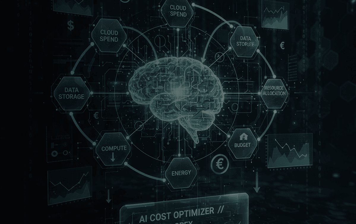 digital illustration of an ai cost optimizer interface showing a glowing brain connected to hexagonal nodes labeled cloud spend, data storage, compute, energy, budget, and resource allocation against a dark technological background with financial charts