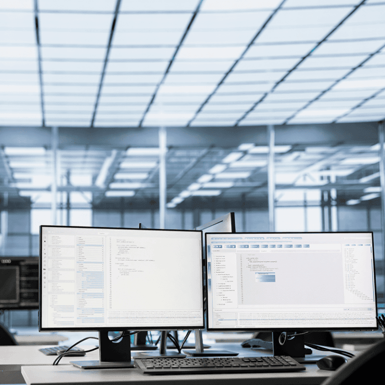 dual monitor workstation displaying code and development tools in modern office