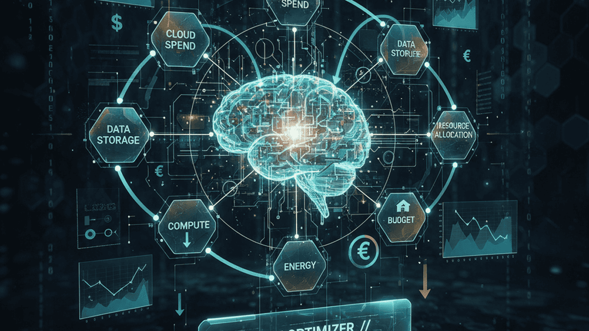 Digital brain visualization connected to cloud computing resources including data storage, energy, and budget management