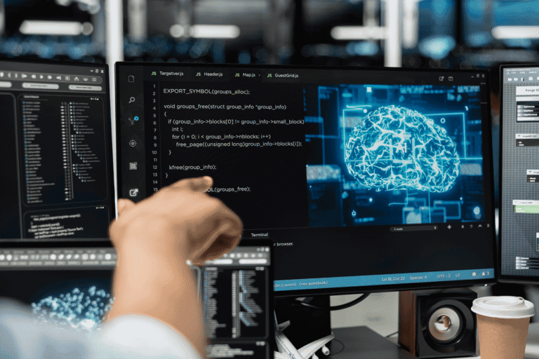 software developer programming ai code with digital brain visualization on multiple monitors