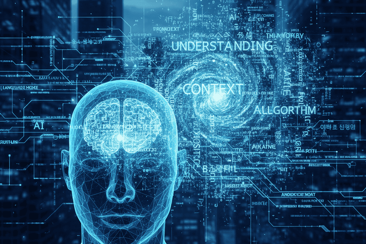 Digital human head with glowing brain and AI terminology including understanding, context, and algorithm overlays