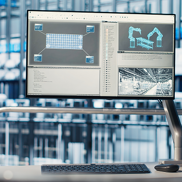 monitor displaying cad software with 3d robotic arm models and grid layouts in industrial setting