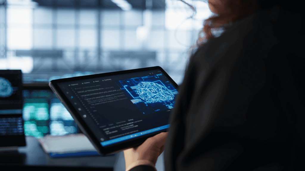 professional viewing 3d wireframe model and code on tablet screen