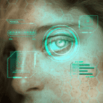 biometric facial recognition scan with eye tracking and digital interface overlays on human face