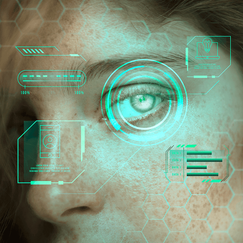 Biometric facial recognition scan with eye tracking and digital interface overlays on human face