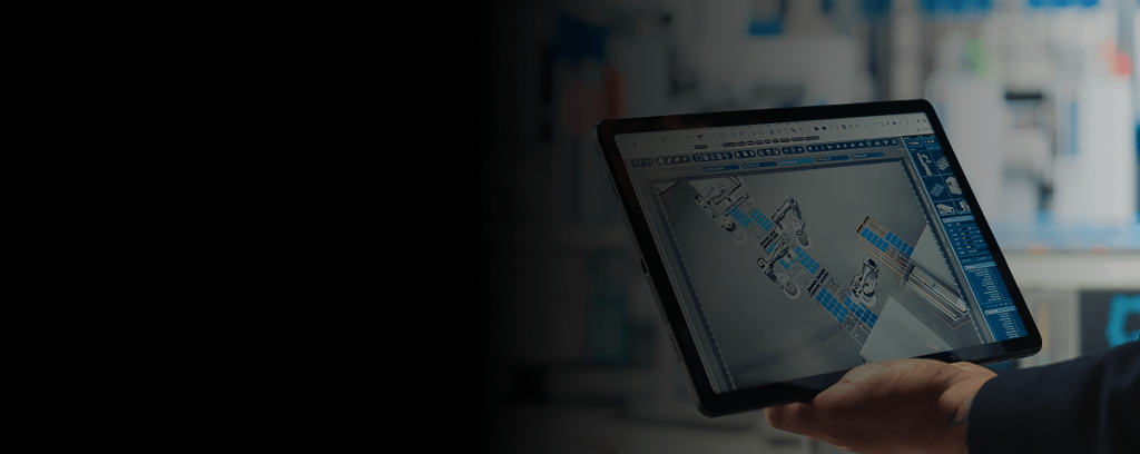 tablet displaying cad engineering drawing of industrial equipment
