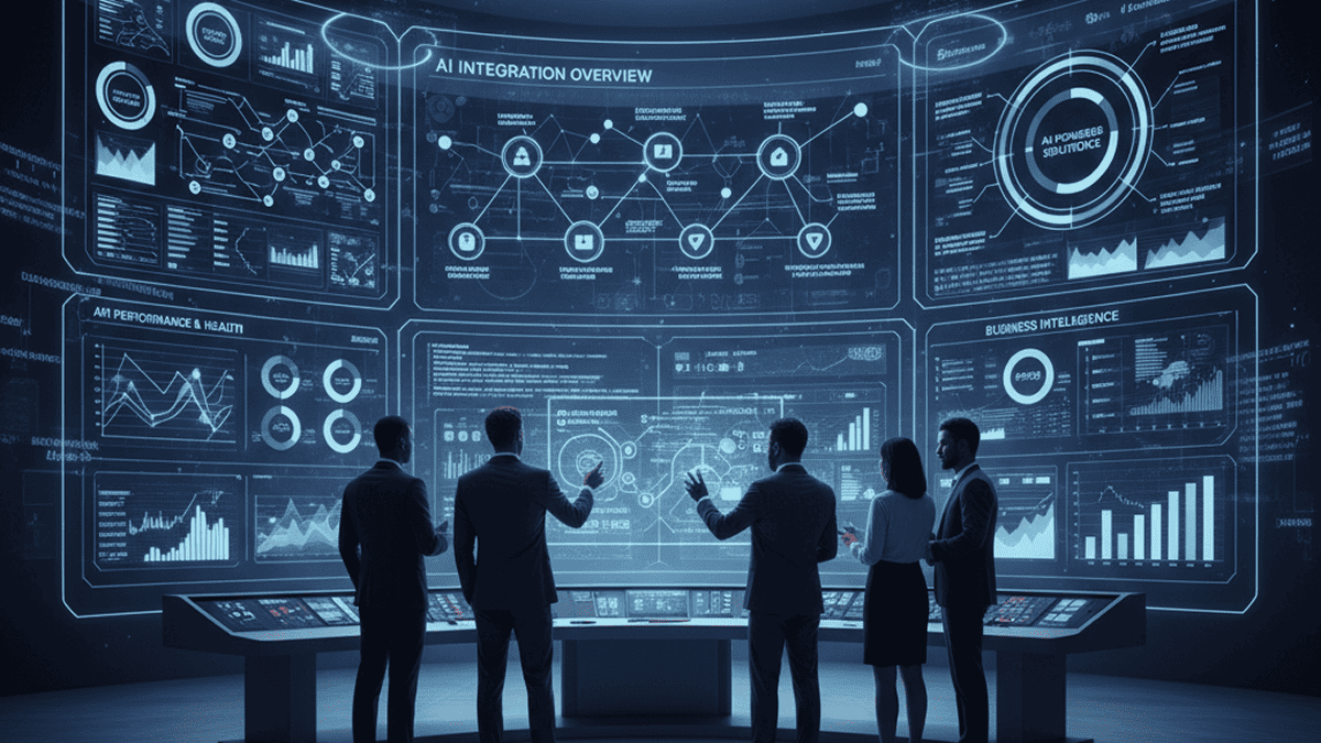 Business team analyzing AI integration overview and performance dashboards on large futuristic digital screens