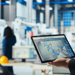 hand holding tablet displaying industrial facility schematic in manufacturing environment