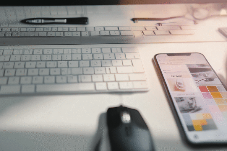 clean white desk setup featuring apple wireless keyboard, black computer mouse, and smartphone displaying design app with color palette and product images in soft natural lighting