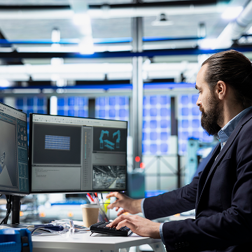 engineer working at computer with cad models and technical displays in industrial facility
