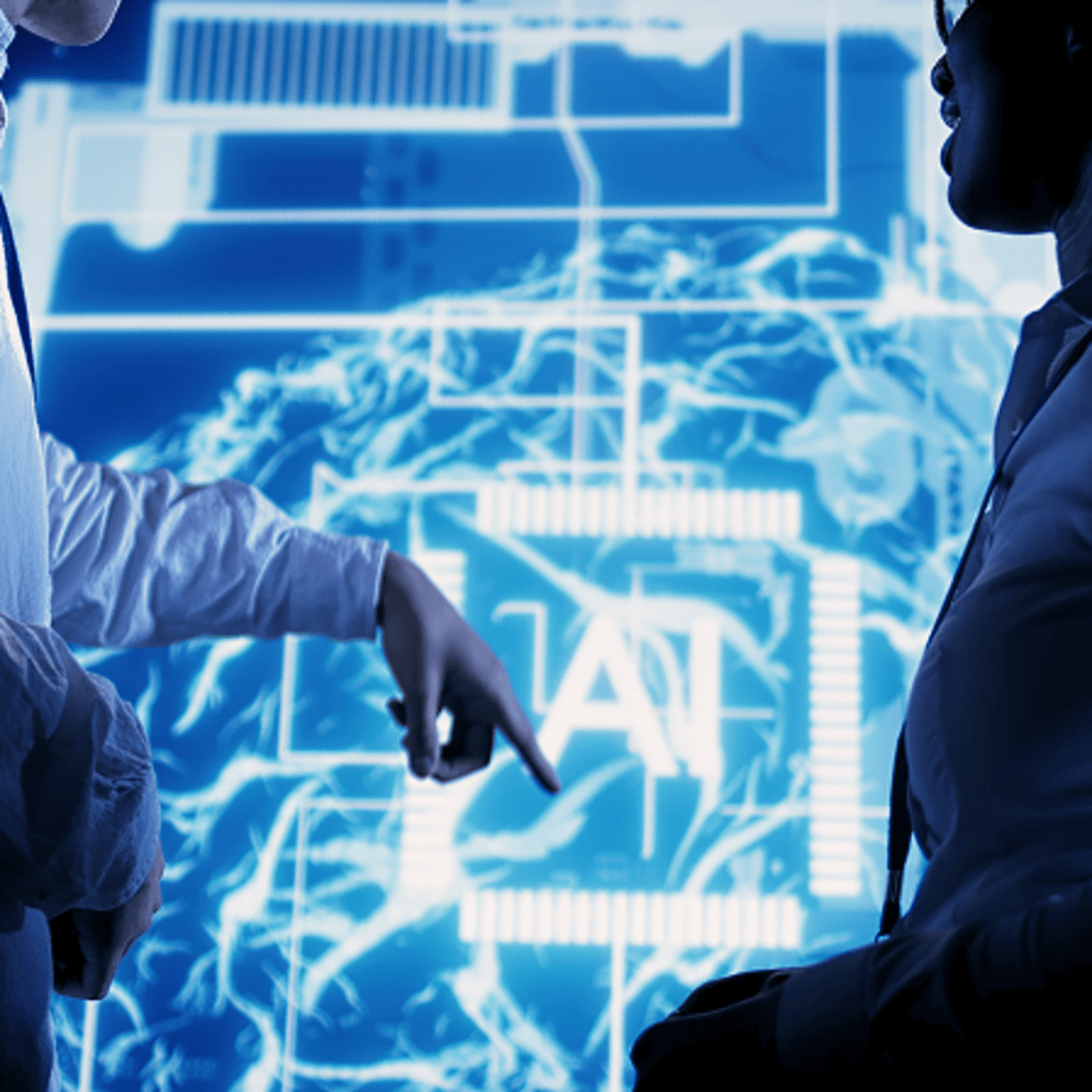 two business professionals analyzing data visualization and charts on large digital screen