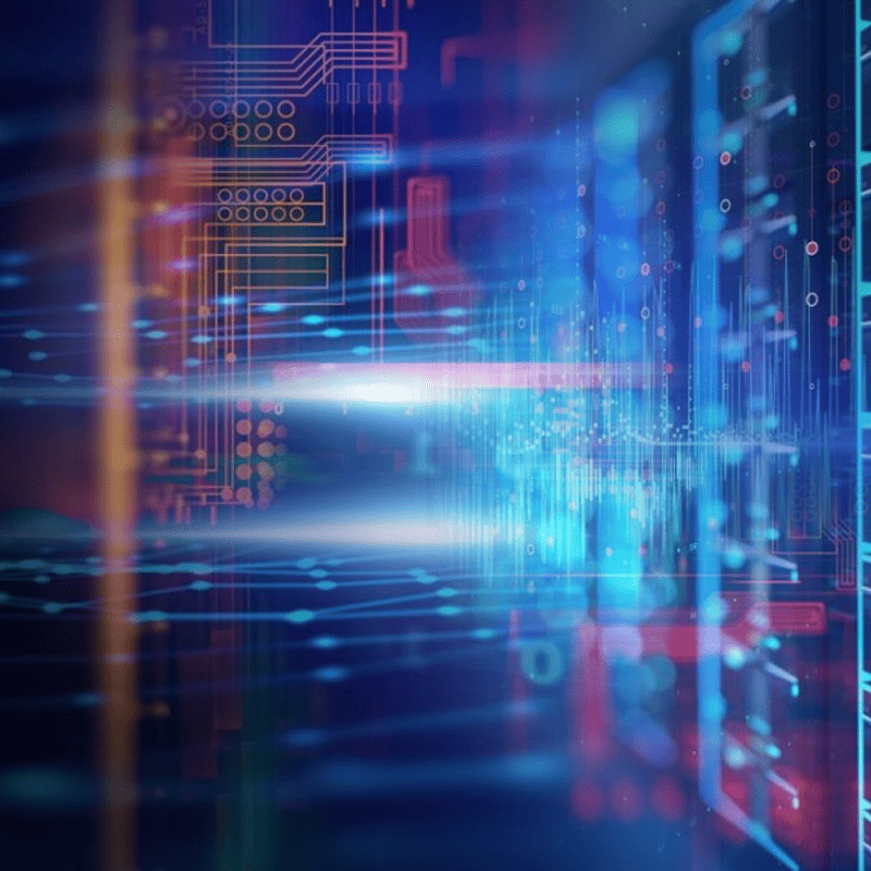 Two professionals analyzing artificial intelligence brain visualization on computer monitor in modern office