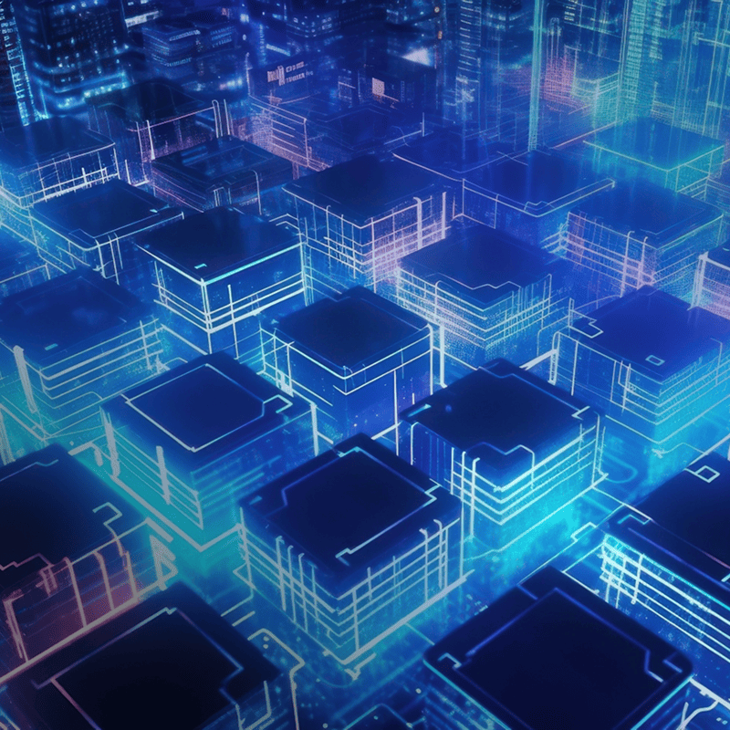 Digital brain visualization connected to cloud computing resources including data storage, energy, and budget management