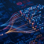 fiber optic cables with light trails over circuit board representing high-speed data transmission