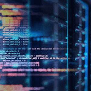 blurred computer screen showing code execution with error messages and blockchain or chain visualization