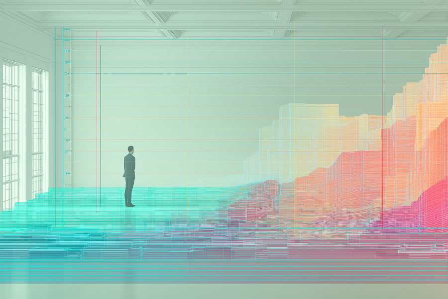 Predictive Analytics for Business Leaders - Teamvoy a business executive overlooking a large transparent dashboard floating in the air, real-world logistics and operations data transforming into clear strategic insights. abstract data streams converging into sharp decision pathways, high-tech professional environment, clarity emerging from complexity, modern analytic interface.