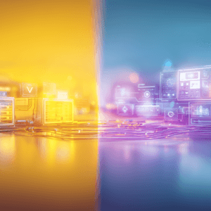 futuristic enterprise it environment split into two contrasting halves: on the left, a dark, outdated legacy system with tangled wires, old mainframes, glitchy ui, errors and security warnings