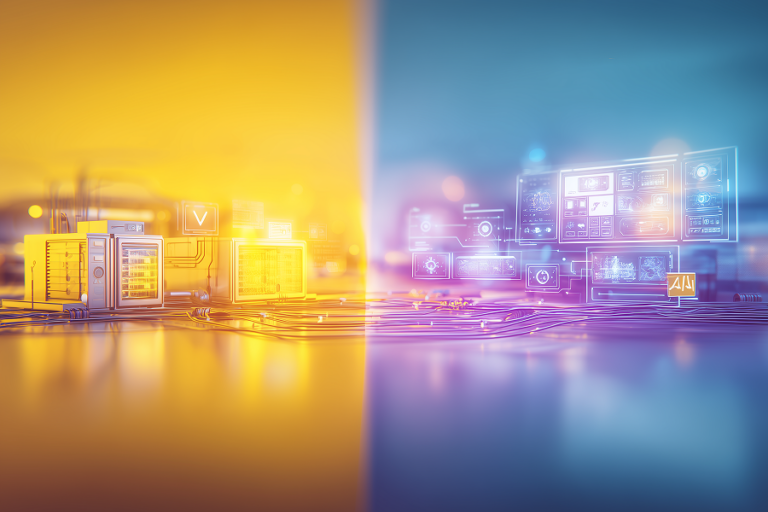 futuristic enterprise it environment split into two contrasting halves: on the left, a dark, outdated legacy system with tangled wires, old mainframes, glitchy ui, errors and security warnings
