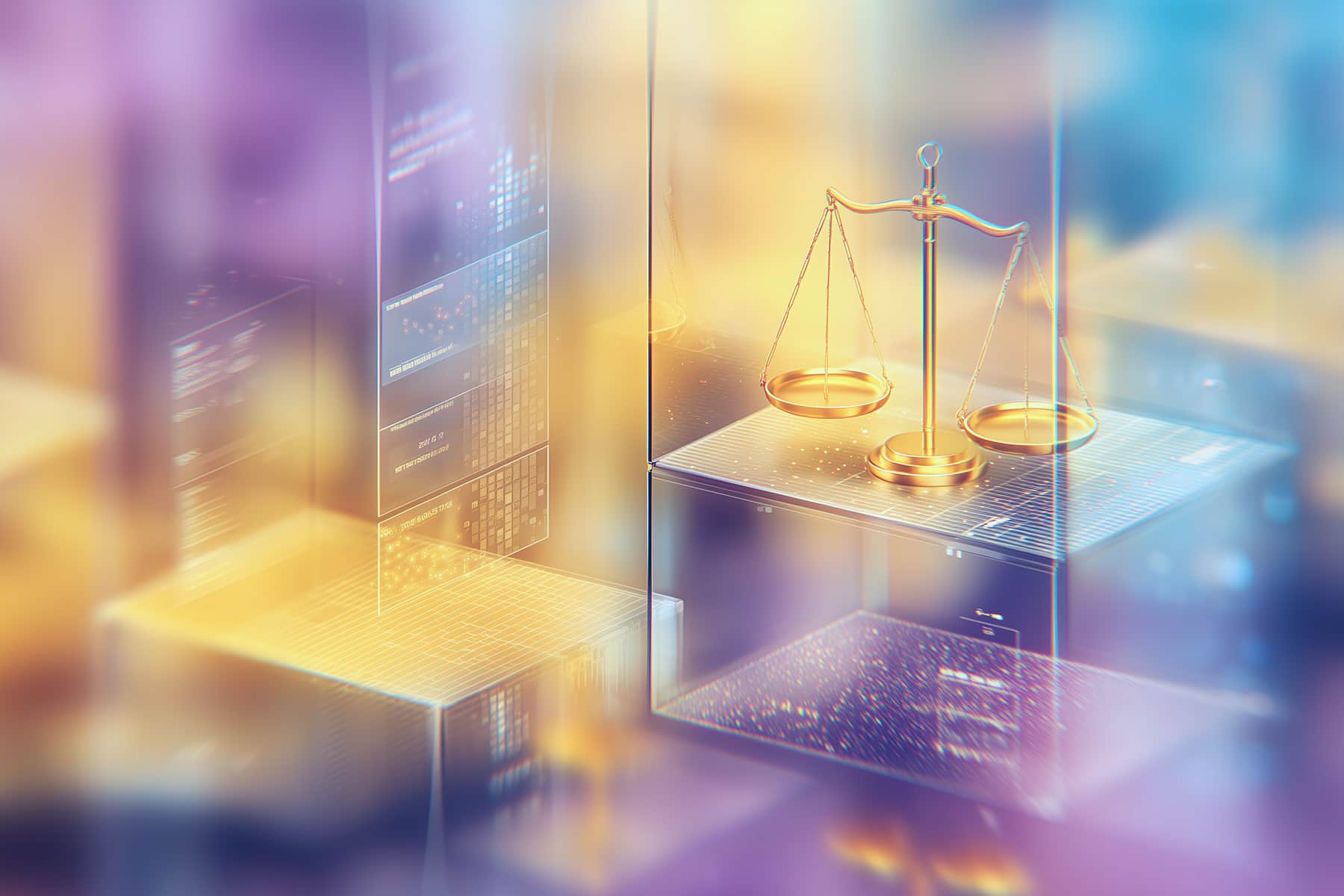 Tech Debt Avalanche - Teamvoy conceptual illustration of ai compliance in fintech, layered data architecture showing ai models being reviewed and audited, visual metaphor of balance scales representing fairness and bias control, secure data vaults, anonymized user data streams, regulatory oversight abstractly represented through grids and transparent panels, calm and neutral fintech color scheme