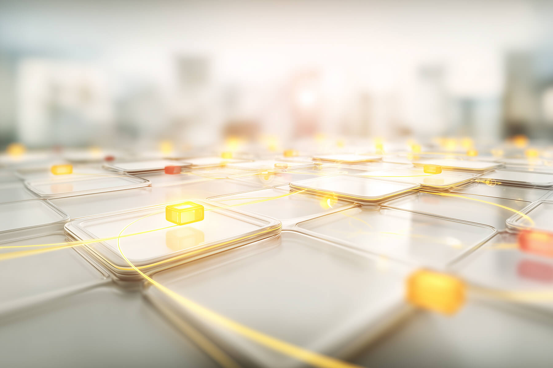 visual metaphor of a complex system being modernized without a map: a structured, geometric maze or grid where paths are incomplete or erased, and new paths are being traced using signals, logs, and data points. no humans, no faces. emphasis on navigation, inference, and decision-making under uncertainty rather than loss. abstract, calm, analytical mood. modern enterprise technology style, flat depth, strong composition. neutral palette with subtle highlights