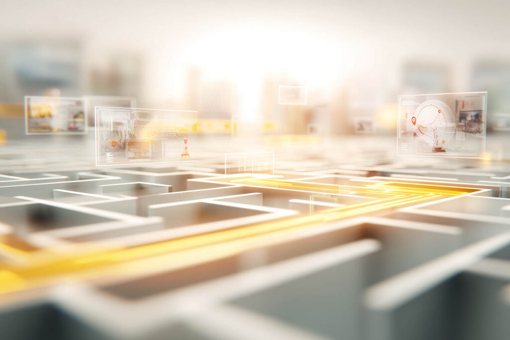 Visual metaphor of a complex system being modernized without a map: a structured, geometric maze or grid where paths are incomplete or erased, and new paths are being traced using signals, logs, and data points. No humans, no faces. Emphasis on navigation, inference, and decision-making under uncertainty rather than loss. Abstract, calm, analytical mood.