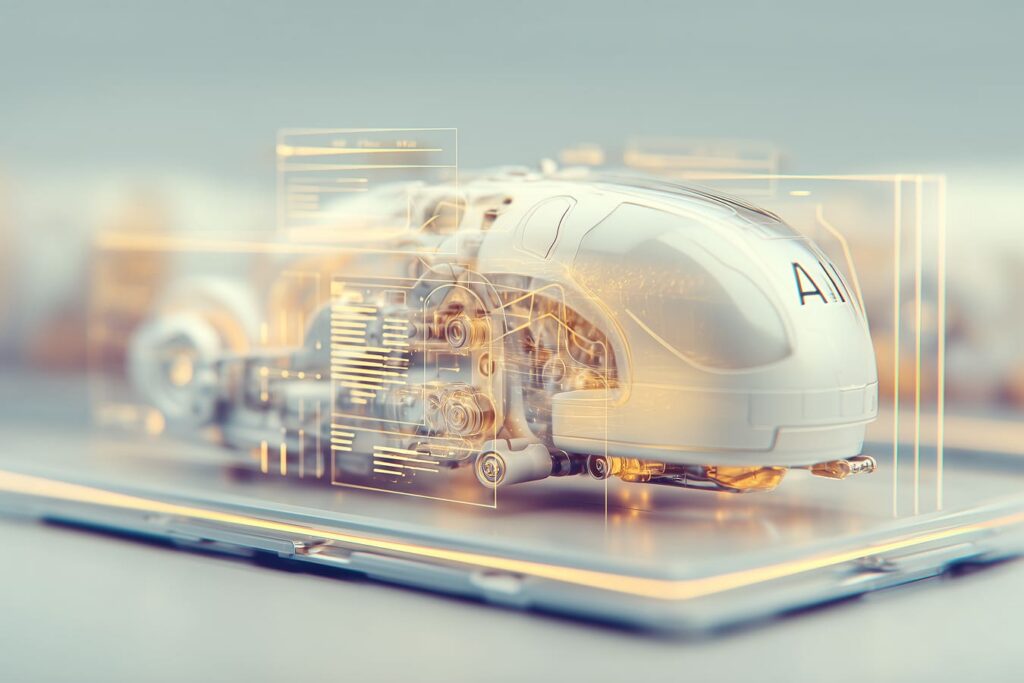 Visual metaphor of a sleek AI prototype trapped behind a transparent barrier, unable to move into a solid, production-grade financial system. Contrast between a polished pilot environment (glowing dashboards, abstract neural patterns) and a rigid production world (secure servers, compliance layers, structured data pipelines).