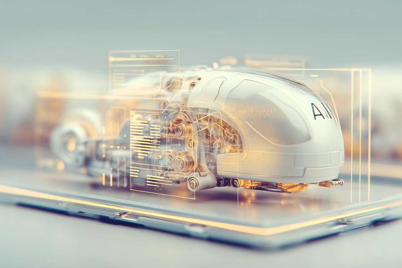AI_prototype - Teamvoy visual metaphor of a sleek ai prototype trapped behind a transparent barrier, unable to move into a solid, production-grade financial system. contrast between a polished pilot environment (glowing dashboards, abstract neural patterns) and a rigid production world (secure servers, compliance layers, structured data pipelines).