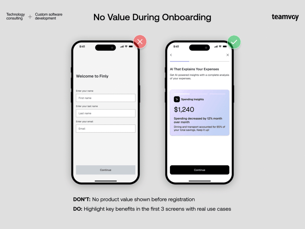 1 No Value During Onboarding - Teamvoy two smartphones side by side: left screen with a signup form (first name, last name, email); right screen shows an ai expense insights card and a continue button.