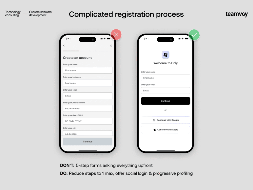 2 Complicated registration process - Teamvoy two smartphones show a before/after registration flow: a long 5‑step form on the left and a streamlined signup on the right, with a do/don't tip below.