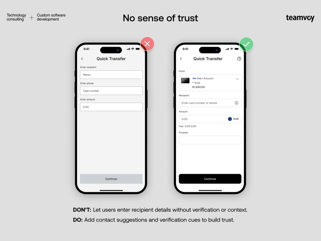 3 No sense of trust - Teamvoy side-by-side mobile screens of a quick transfer form: left screen has fields for recipient, phone, and amount; right screen shows a card transfer summary with amount and a continue button. background includes a trust message about not entering details without verification and tips to build trust on the bottom edge.