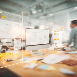fintech ux/ui design scene, designer and founder collaborating over mobile finance app wireframes, smartphone screens with payment flows and financial charts, design system boards in background, modern tech office, clean minimal style