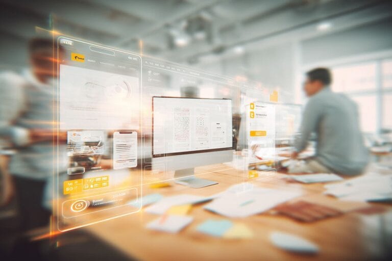 fintech ux/ui design scene, designer and founder collaborating over mobile finance app wireframes, smartphone screens with payment flows and financial charts, design system boards in background, modern tech office, clean minimal style