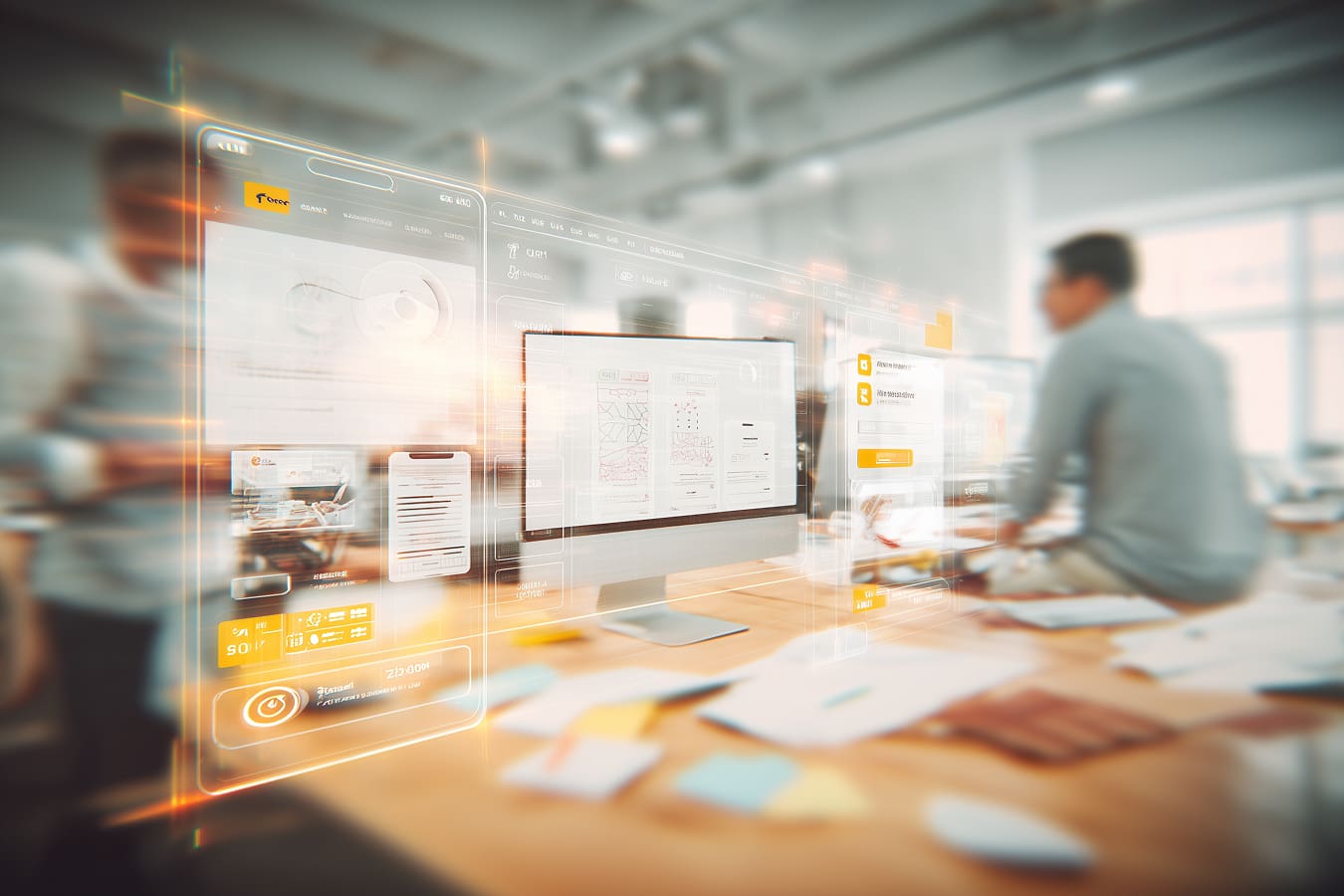 fintech ux/ui design scene, designer and founder collaborating over mobile finance app wireframes, smartphone screens with payment flows and financial charts, design system boards in background, modern tech office, clean minimal style