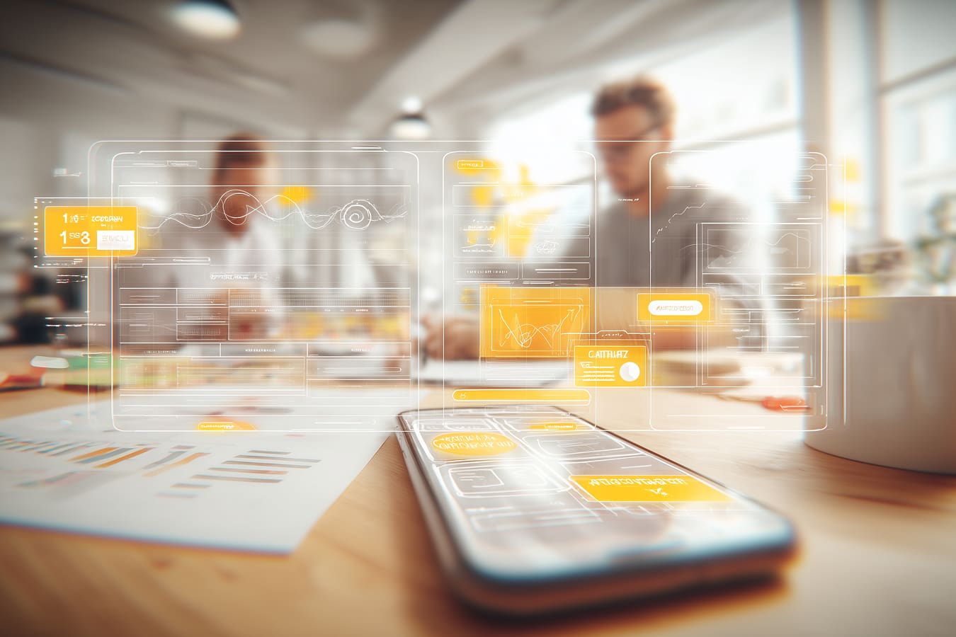 fintech ux/ui design scene, designer and founder collaborating over mobile finance app wireframes, smartphone screens with payment flows and financial charts, design system boards in background, modern tech office, clean minimal style, soft blue tones, high-end corporate look