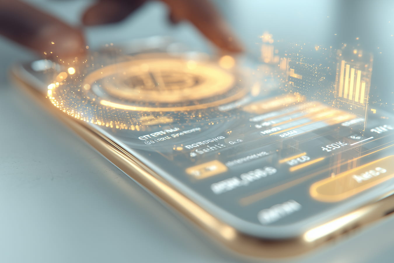 mobile app developer working on fintech app, smartphone screen projecting holographic ui, ai assistant represented as digital light particles, crypto payments and finance visuals, modern workspace, realistic corporate aesthetic, cool blue-violet tones, cinematic depth of field