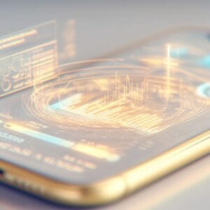 smartphone with futuristic fintech app interface, crypto payments dashboard on screen, animated progress bars and financial charts, ai-inspired light patterns around device, sleek minimal background, premium fintech branding style, high-end product render, sharp focus, cinematic lighting