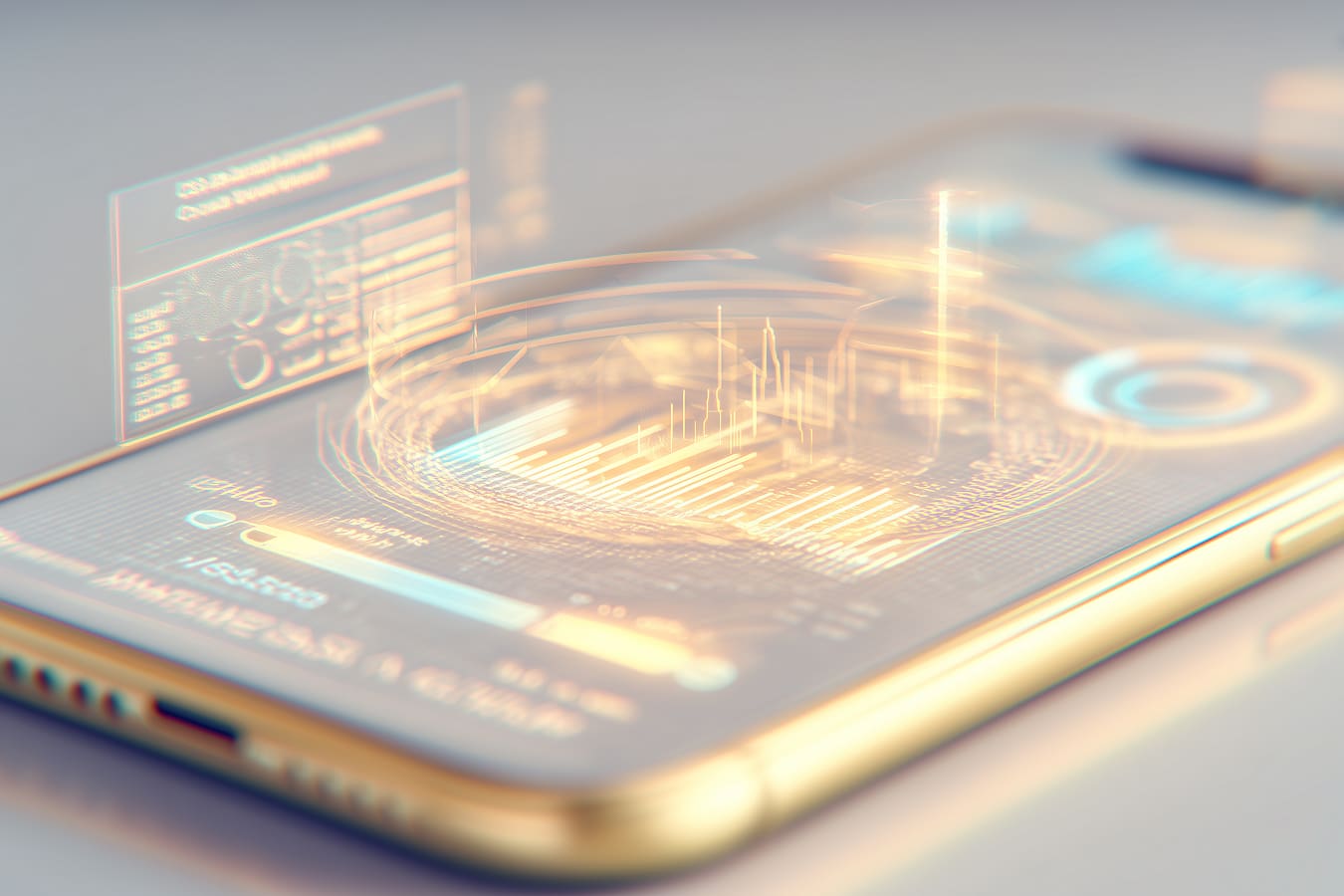 smartphone with futuristic fintech app interface, crypto payments dashboard on screen, animated progress bars and financial charts, ai-inspired light patterns around device, sleek minimal background, premium fintech branding style, high-end product render, sharp focus, cinematic lighting