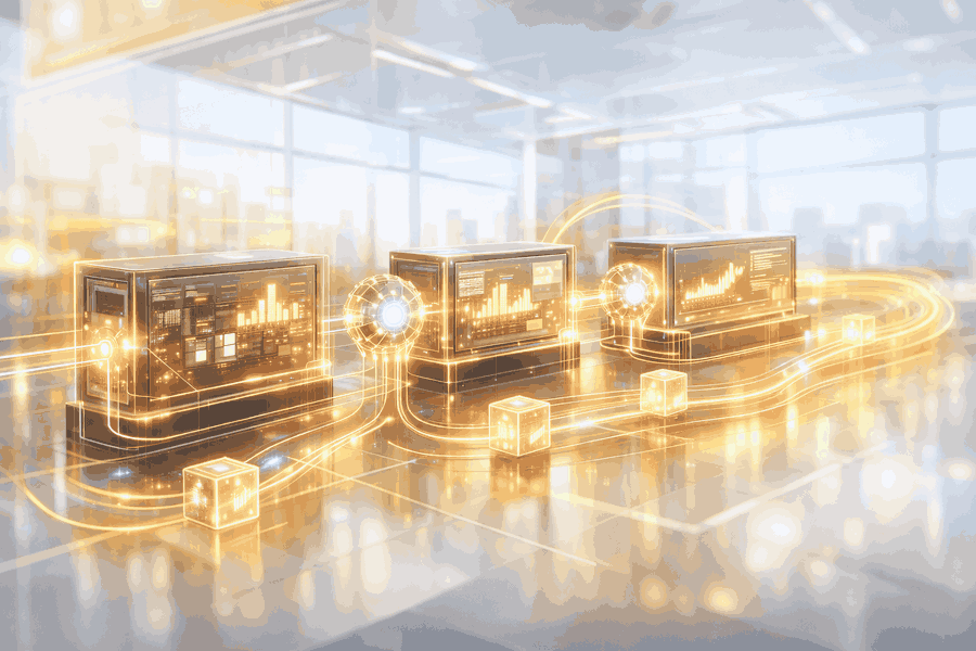 visual metaphor of ai agents embedded inside a ci/cd pipeline. a structured software delivery pipeline with stages like build, test, deploy represented as modular blocks, while intelligent ai nodes monitor, analyze, and adjust flows in real time. clear data streams, feedback loops, and automated decision points integrated into the pipeline. sense of continuous movement and optimization without chaos. no people, no text, no logos.