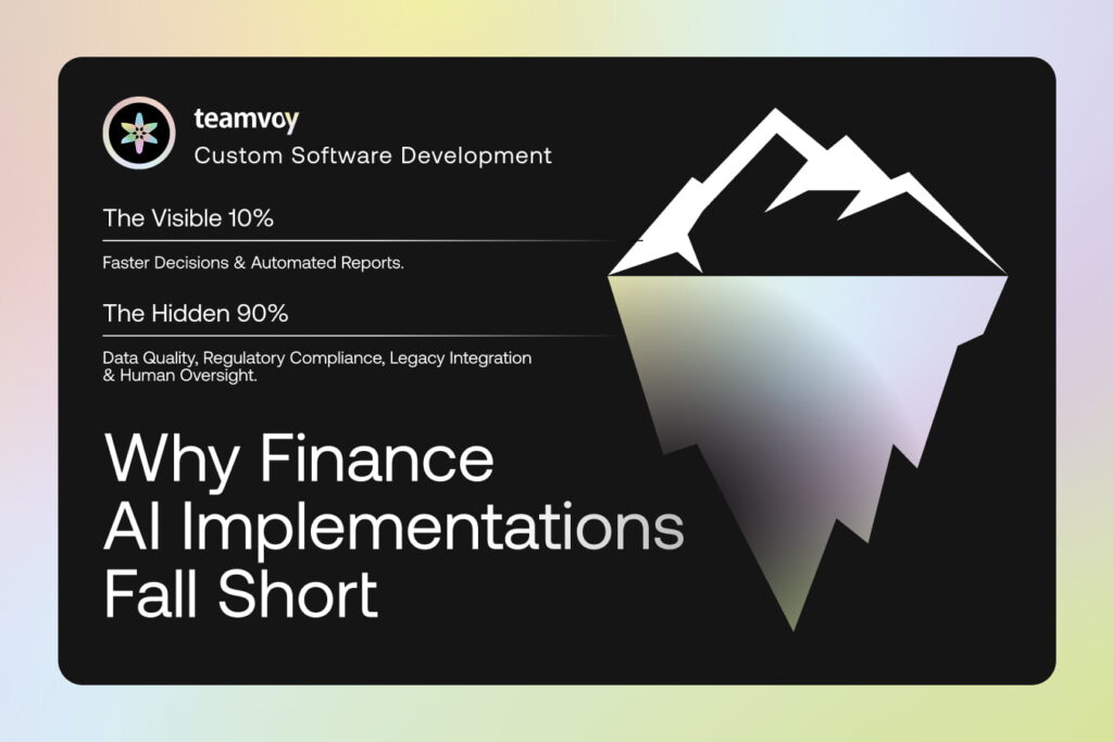 a professional 2d flat-design infographic of an iceberg in dark blue water. above the waterline, a small peak labeled "The Visible 10%: Faster Decisions & Automated Reports." Below the waterline, a massive hidden base labeled "The Hidden 90%: Data Quality, Regulatory Compliance, Legacy Integration & Human Oversight." Text at the top reads: "Why Finance AI Implementations Fall Short." High-contrast white text on deep navy background