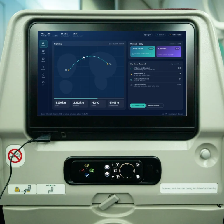 in-seat tablet showing a flight map and menu on a dark blue interface, route from jfk to fra visible.