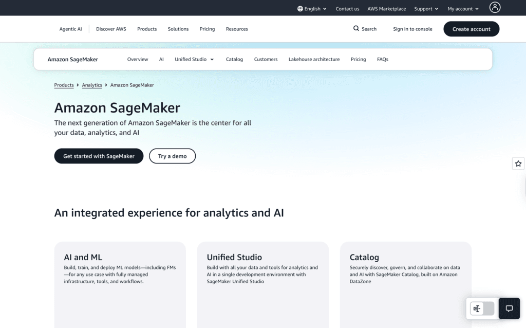 Amazon SageMaker - Teamvoy hero banner for amazon sagemaker with gradient blue background, large title 'amazon sagemaker' and two cta buttons: 'get started with sagemaker' and 'try a demo'