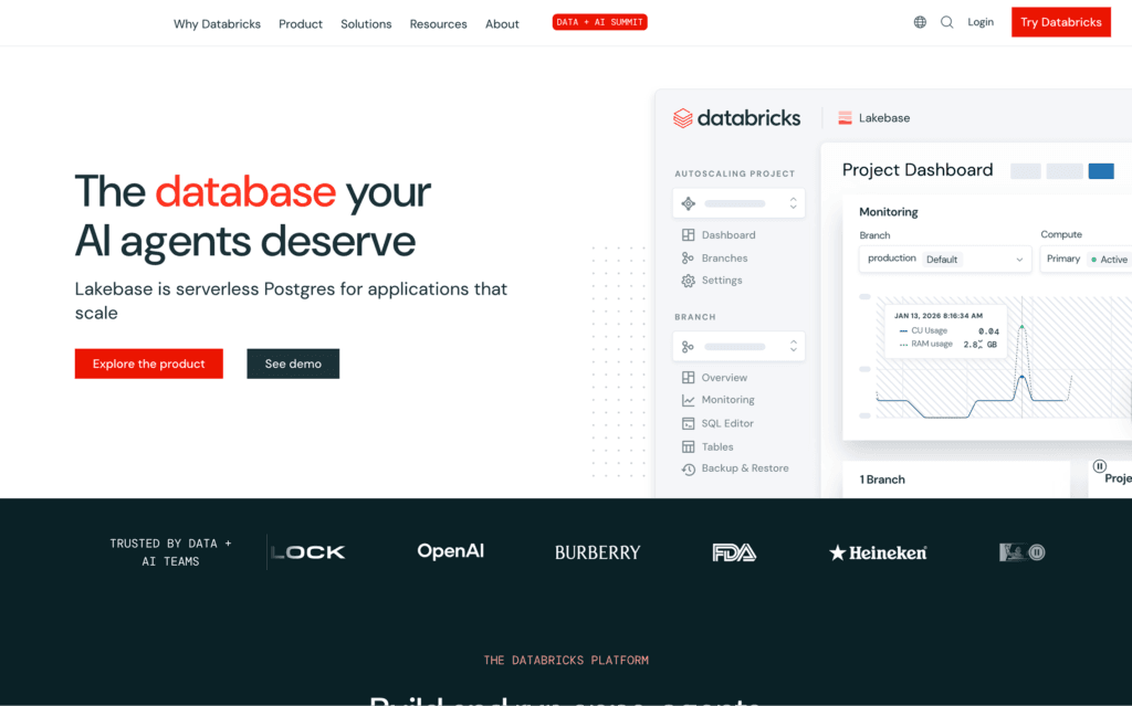 Databricks - Teamvoy databricks hero: large headline 'the database your ai agents deserve' with two ctas and a right-side product dashboard mockup.