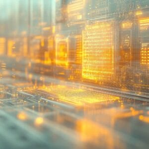 abstract, futuristic circuitry with a warm orange glow and floating data panels.
