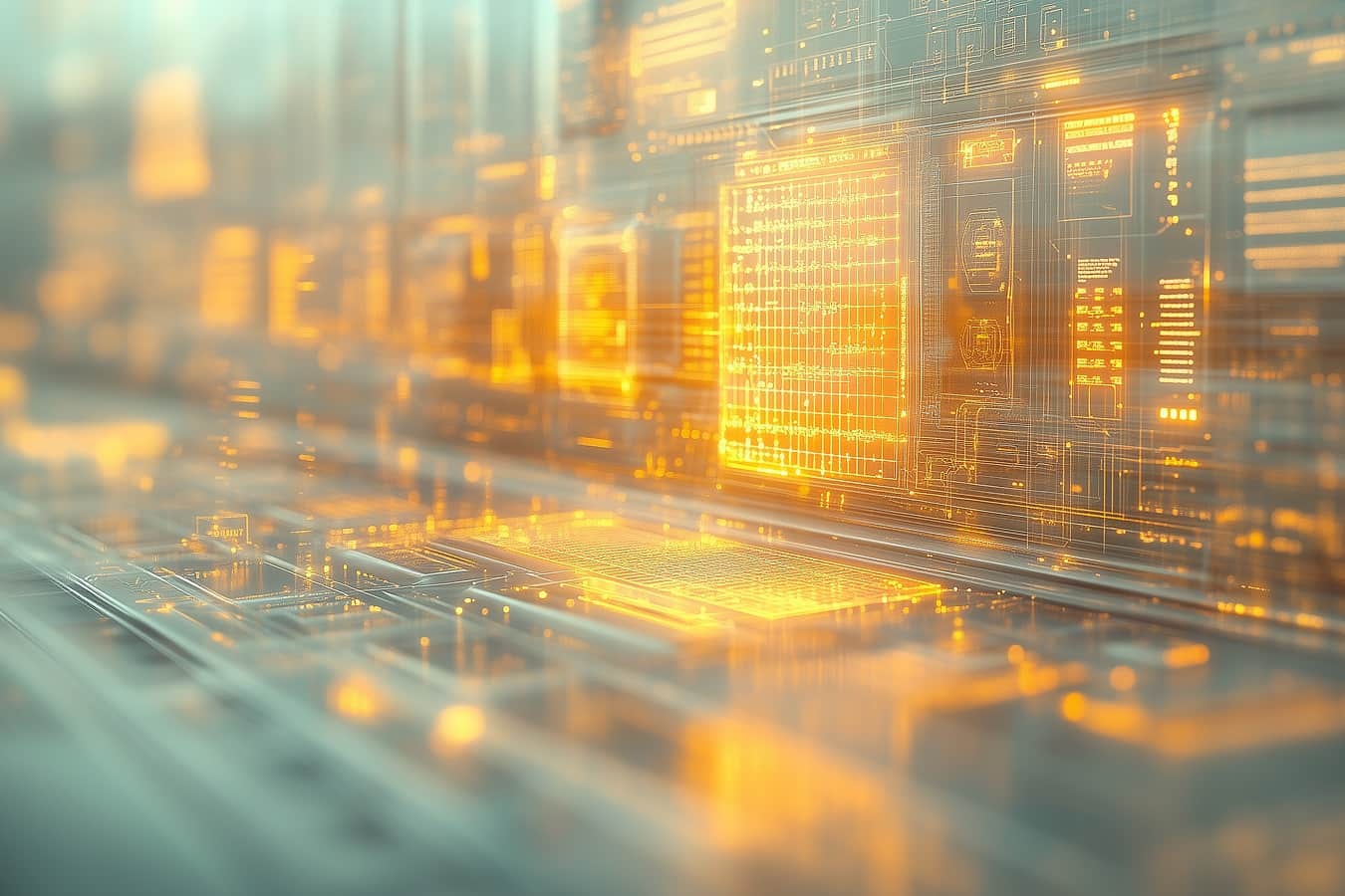 abstract, futuristic circuitry with a warm orange glow and floating data panels.