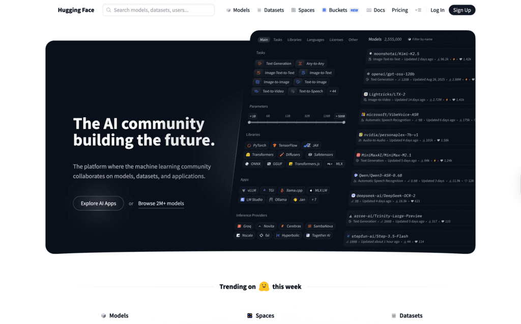 Hugging Face - Teamvoy hero banner for hugging face: a dark, curved ui panel on the right with a bold headline 'the ai community building the future' on the left.