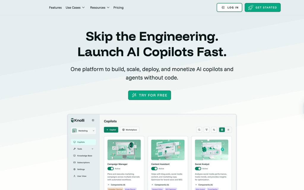 Knolli - Teamvoy hero banner with the headline 'skip the engineering. launch ai copilots fast.' and supporting subtitle text