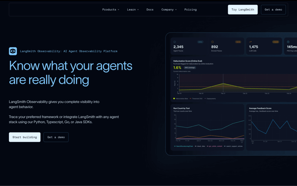 LangSmith - Teamvoy hero section for langsmith with the headline 'know what your agents are really doing,' a dark navigation bar along the top, and a dashboard preview on the right side.